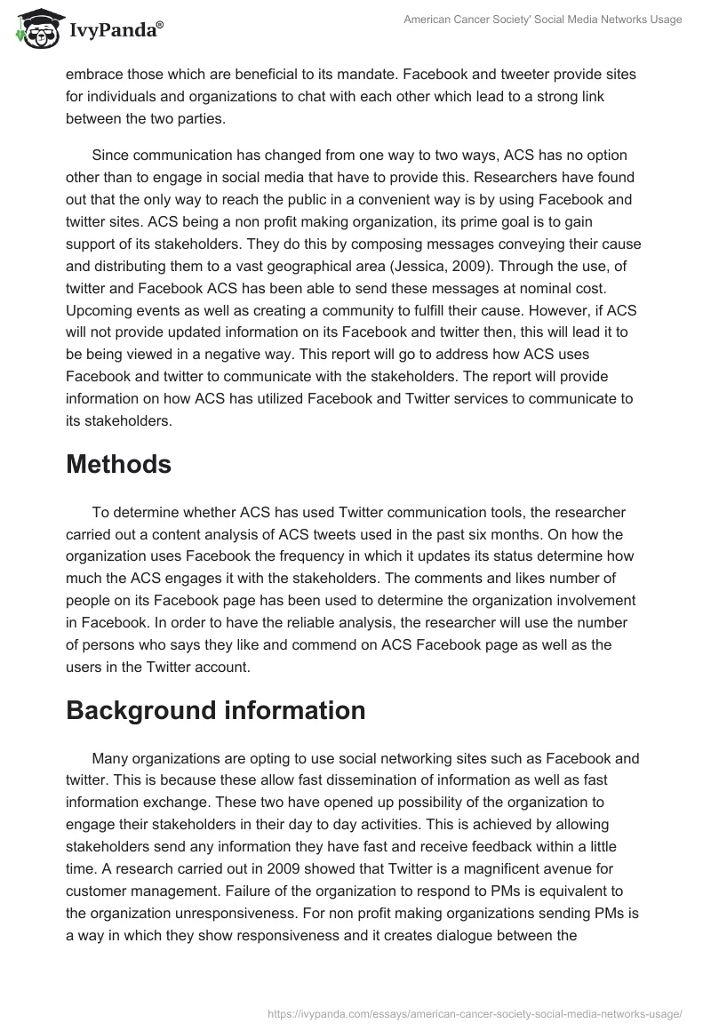American Cancer Society' Social Media Networks Usage. Page 2
