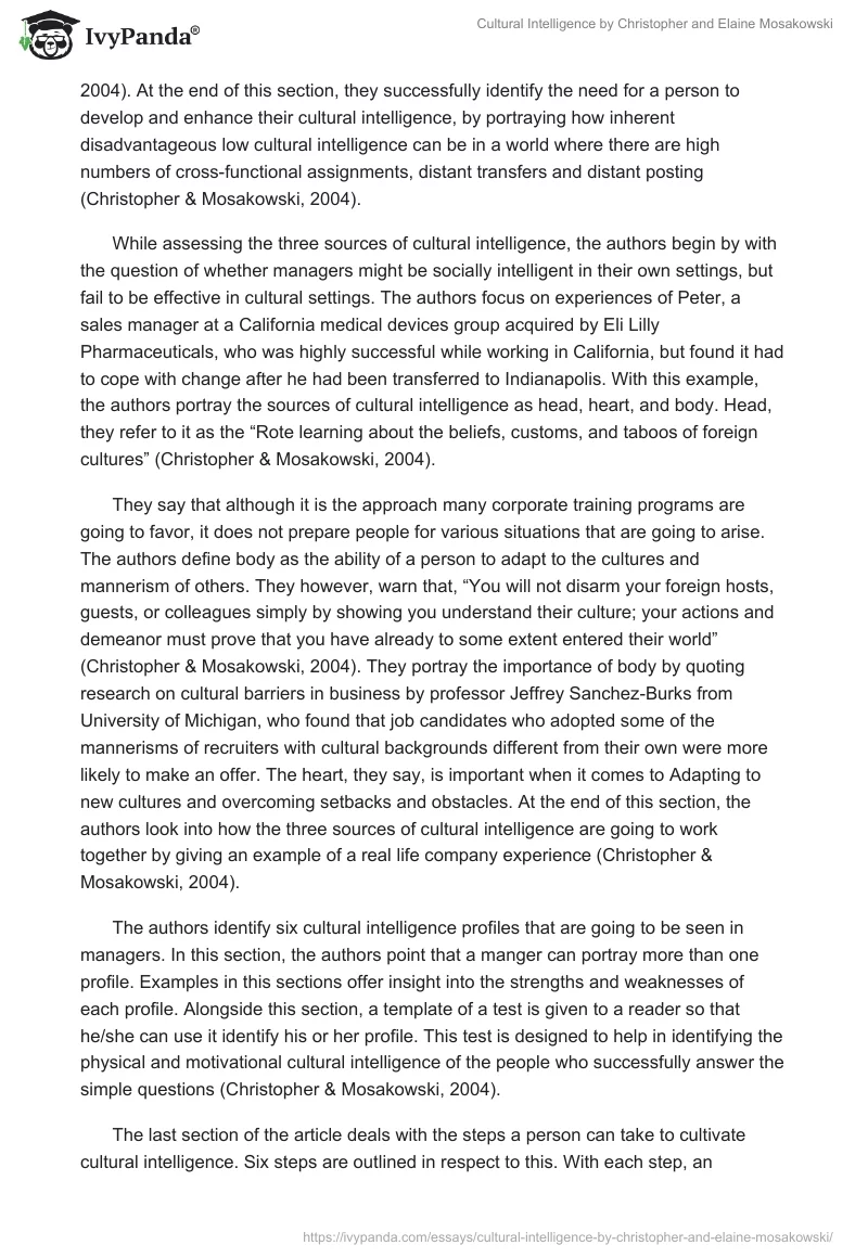 Cultural Intelligence by Christopher and Elaine Mosakowski. Page 3
