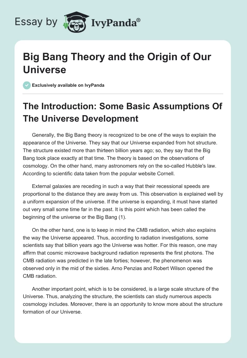 Big Bang Theory and the Origin of Our Universe. Page 1