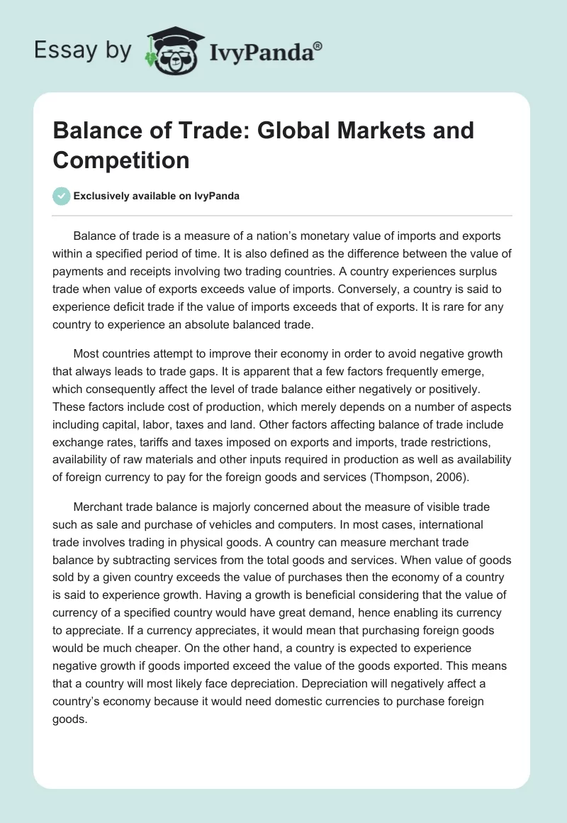 Balance of Trade: Global Markets and Competition. Page 1