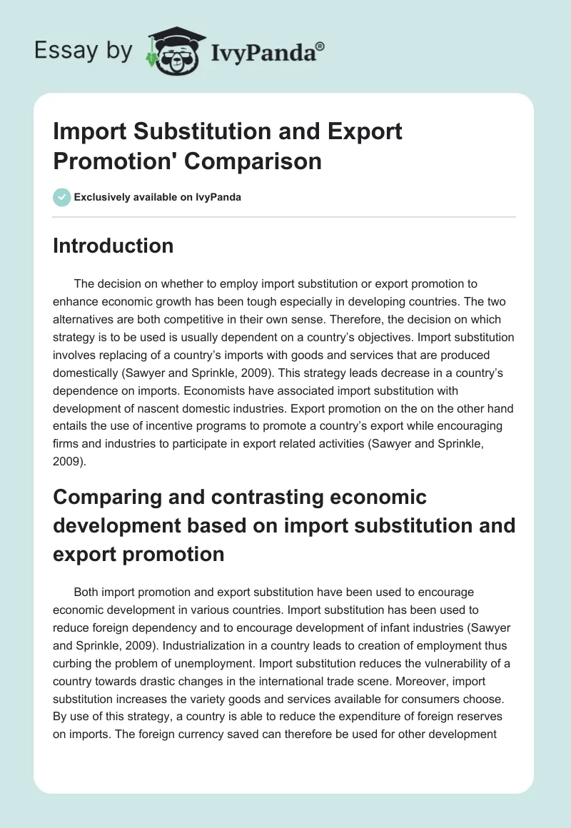 Import Substitution and Export Promotion' Comparison. Page 1