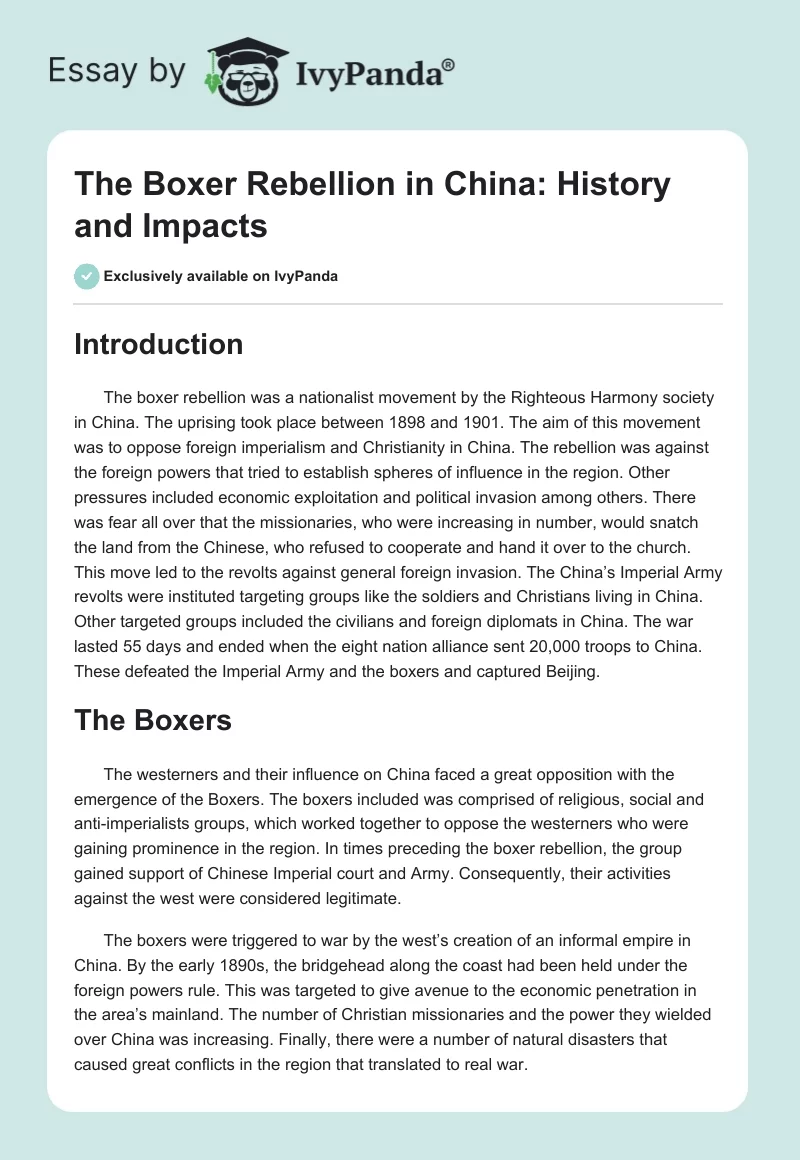 The Boxer Rebellion in China: History and Impacts. Page 1