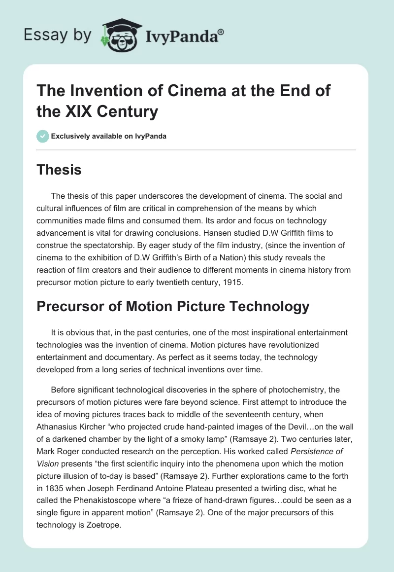 The Invention of Cinema at the End of the XIX Century. Page 1