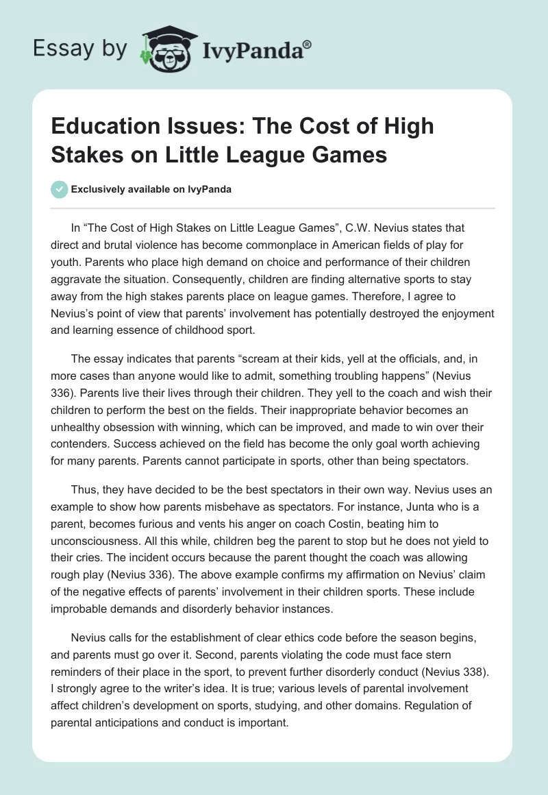 Education Issues: The Cost of High Stakes on Little League Games. Page 1