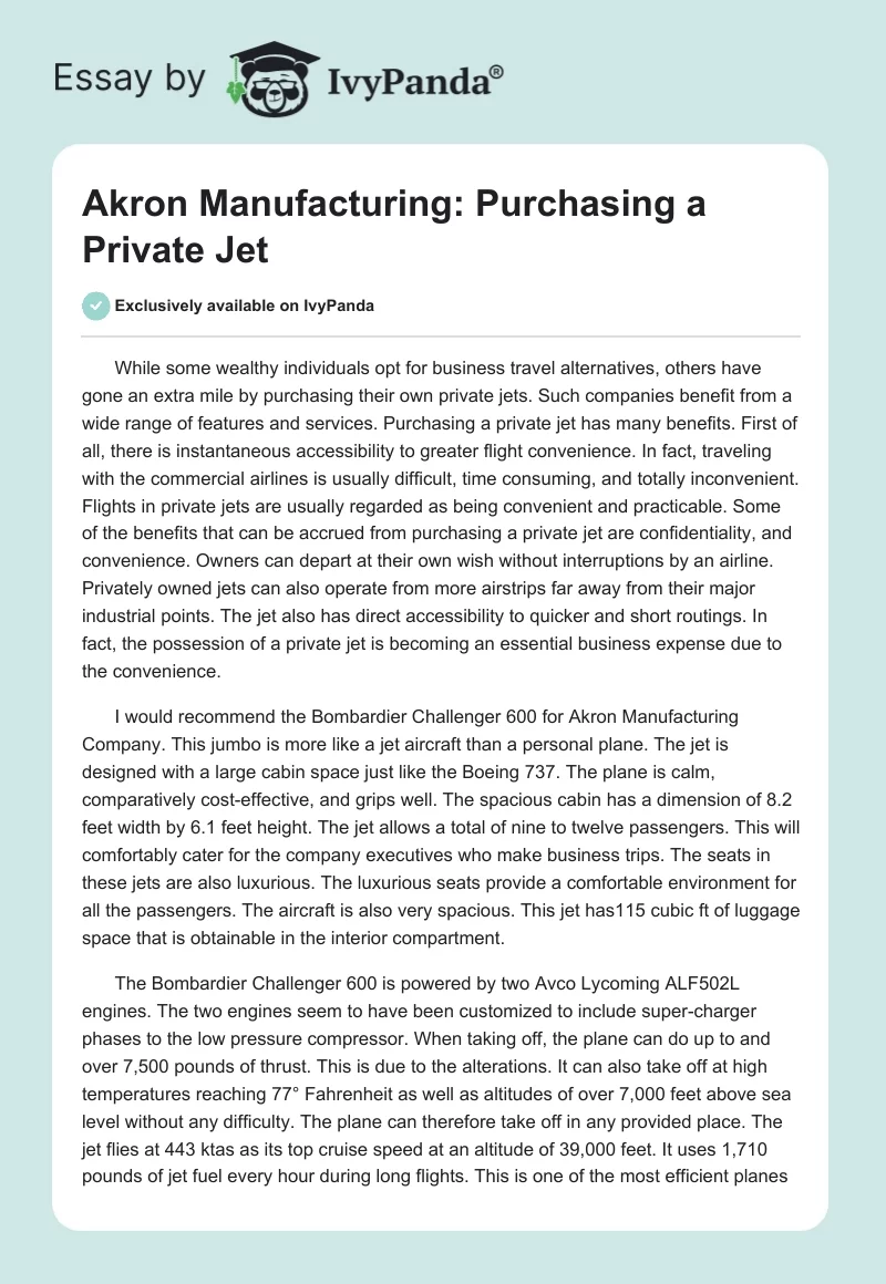 Akron Manufacturing: Purchasing a Private Jet. Page 1