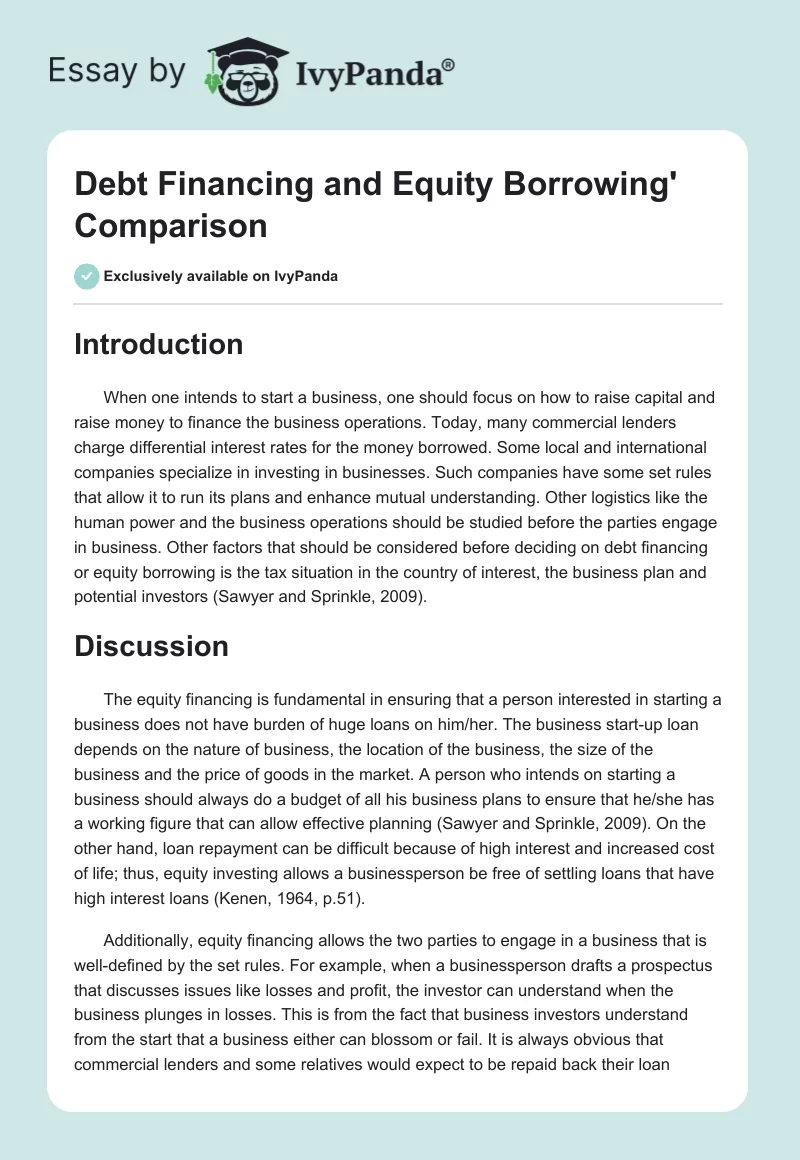 Debt Financing and Equity Borrowing' Comparison. Page 1