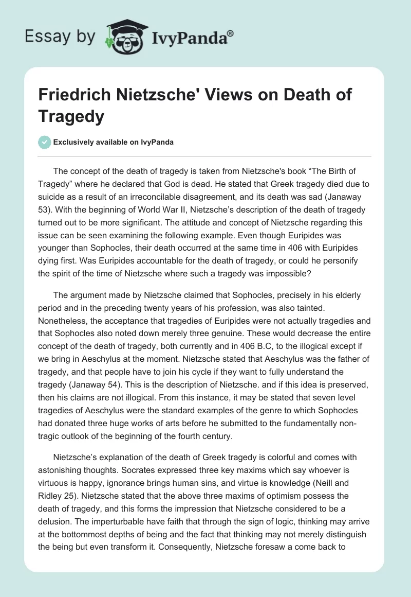 Friedrich Nietzsche' Views on Death of Tragedy. Page 1