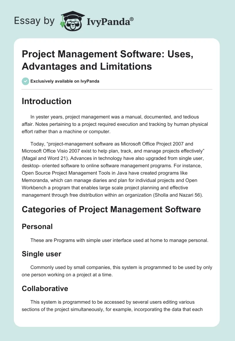 Project Management Software: Uses, Advantages and Limitations. Page 1