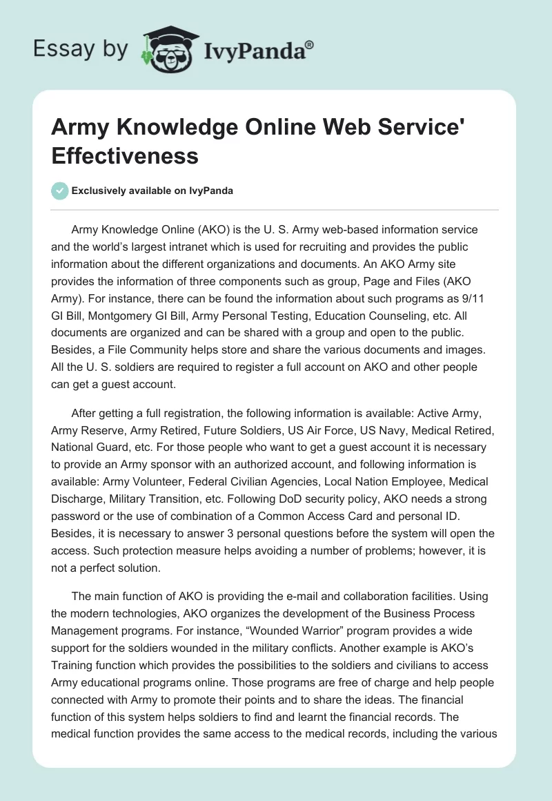 Army Knowledge Online Web Service' Effectiveness. Page 1