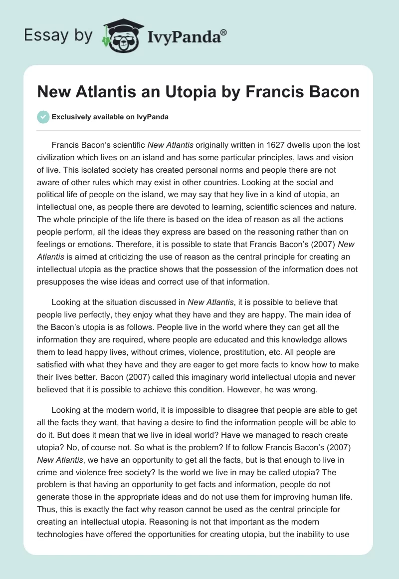 "New Atlantis" an Utopia by Francis Bacon. Page 1