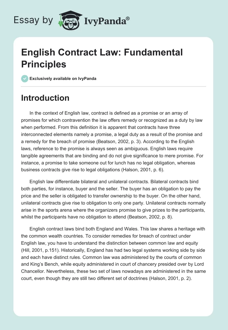 English Contract Law: Fundamental Principles. Page 1