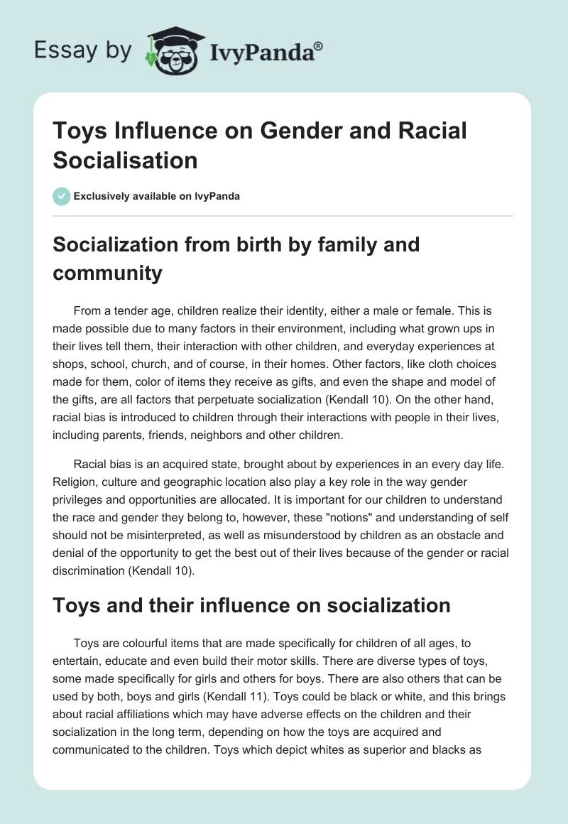 Toys Influence on Gender and Racial Socialisation. Page 1