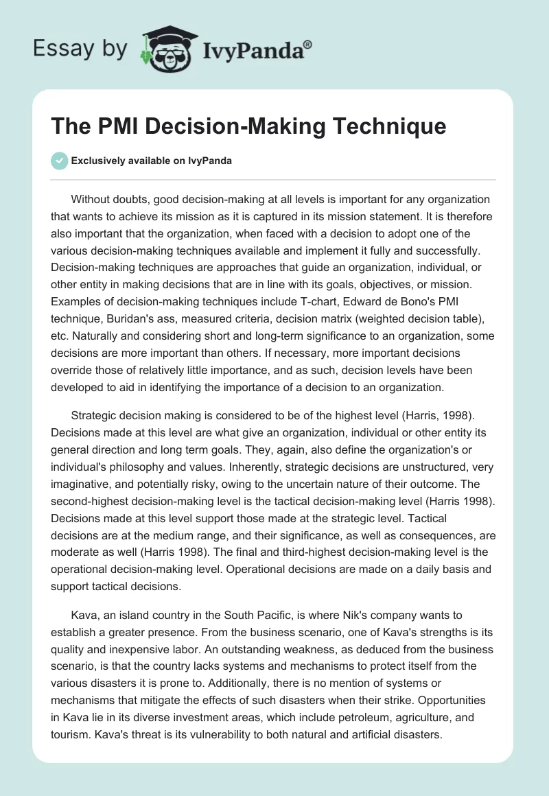 The PMI Decision-Making Technique. Page 1