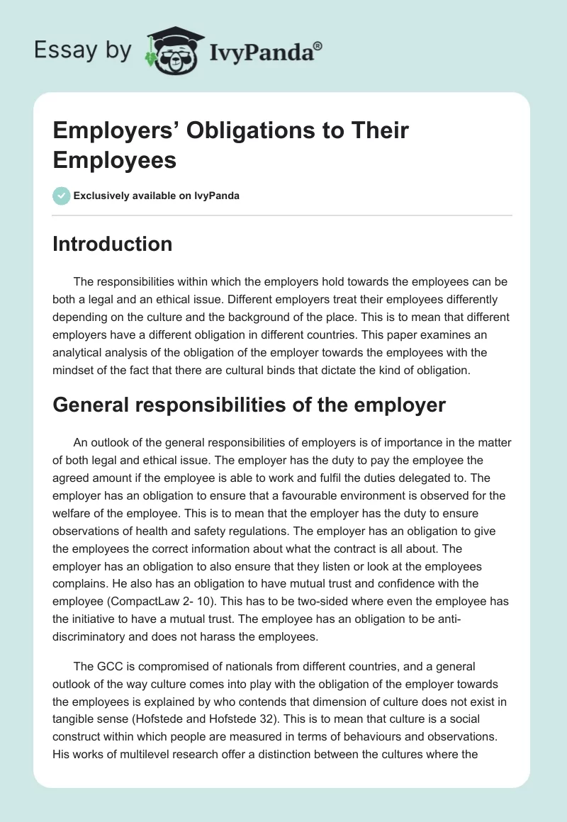 Employers’ Obligations to Their Employees. Page 1