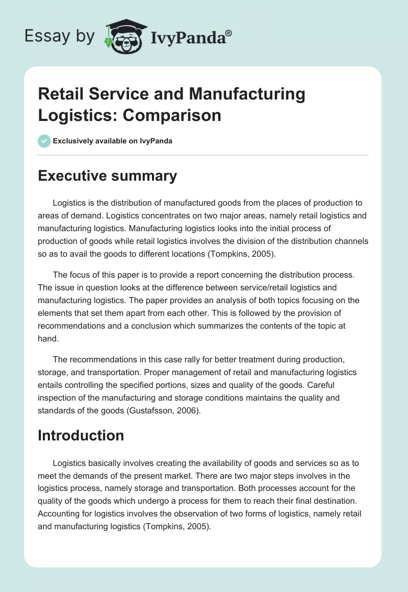 Retail Service and Manufacturing Logistics: Comparison. Page 1