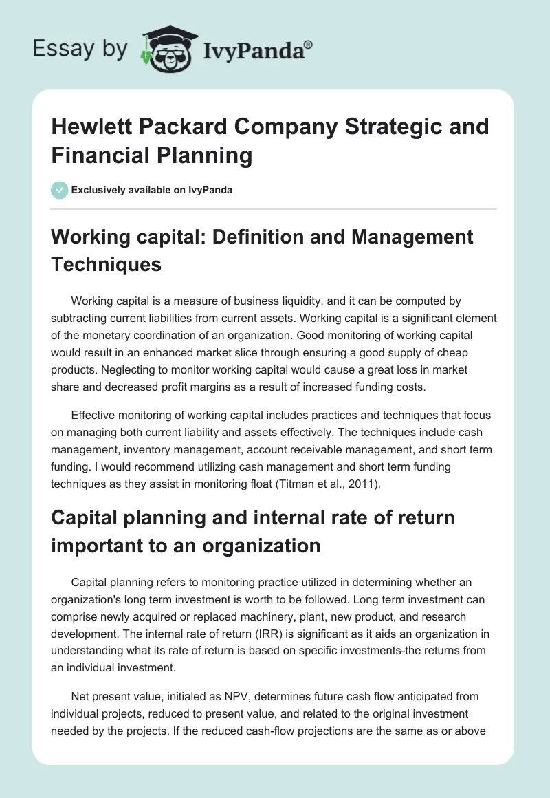 Hewlett Packard Company Strategic and Financial Planning. Page 1