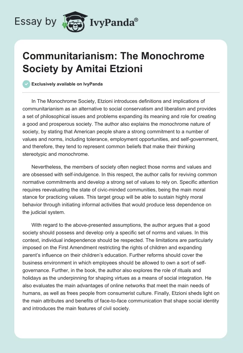 Communitarianism: "The Monochrome Society" by Amitai Etzioni. Page 1