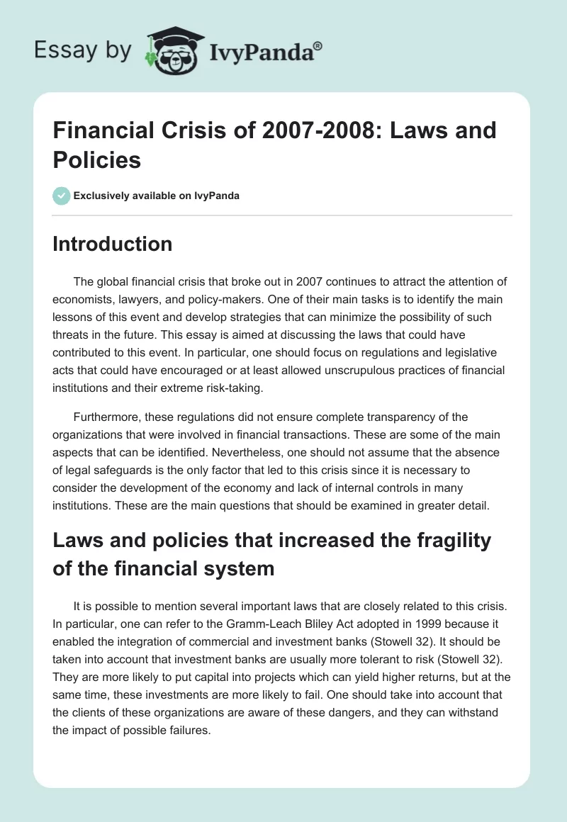 Financial Crisis of 2007-2008: Laws and Policies. Page 1