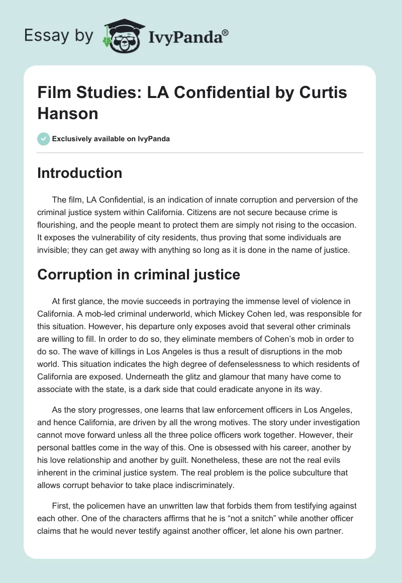 Film Studies: "LA Confidential" by Curtis Hanson. Page 1