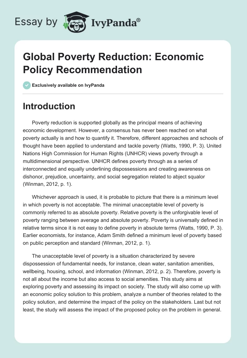 Global Poverty Reduction: Economic Policy Recommendation. Page 1