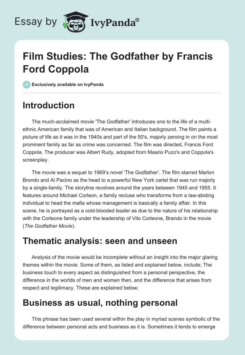 Film Studies: "The Godfather" by Francis Ford Coppola. Page 1