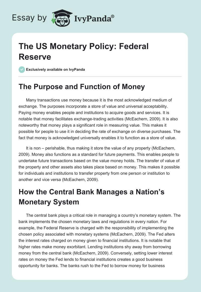 The US Monetary Policy: Federal Reserve. Page 1