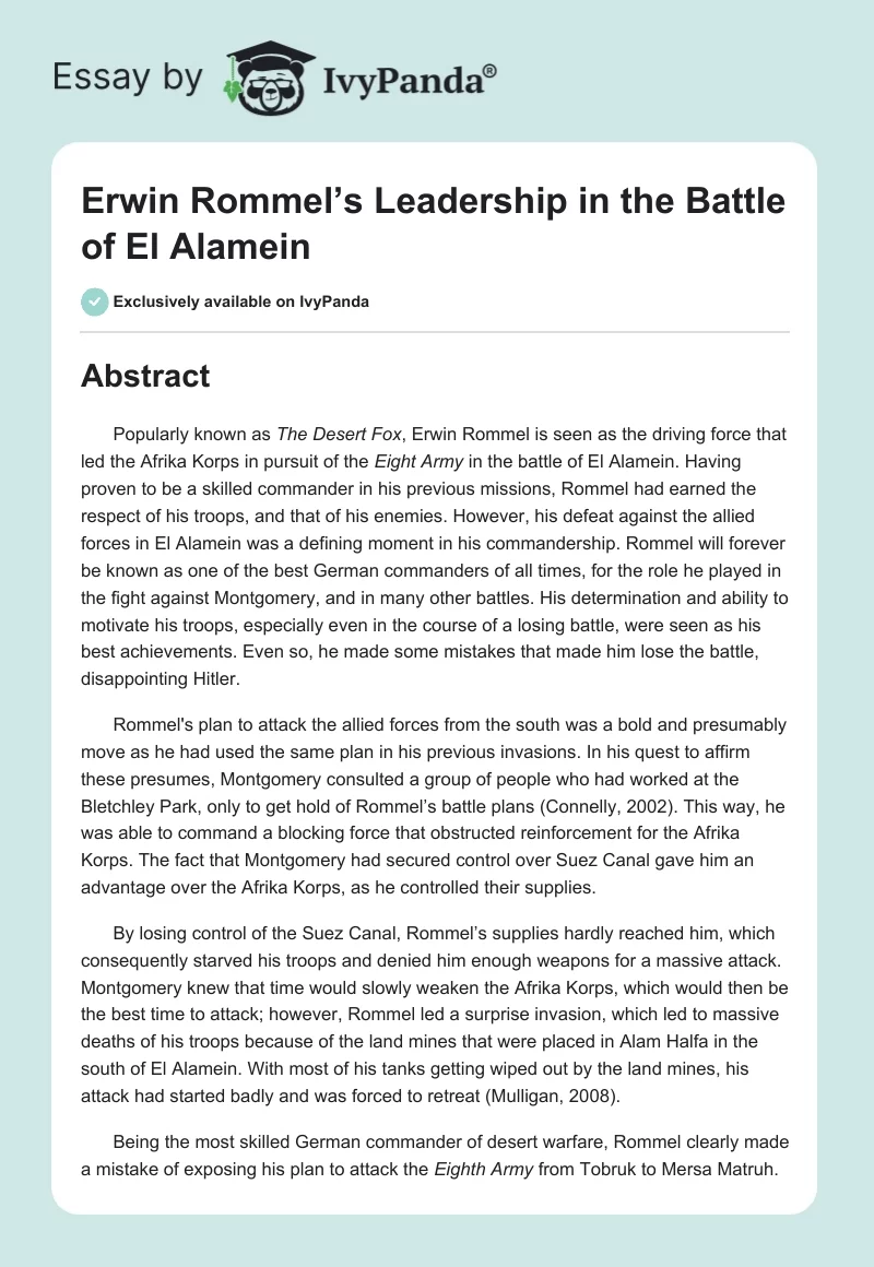 Erwin Rommel’s Leadership in the Battle of El Alamein. Page 1