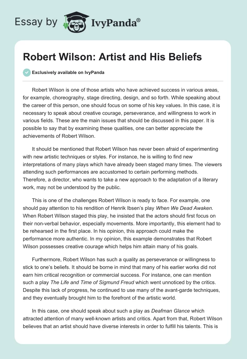 Robert Wilson: Artist and His Beliefs. Page 1