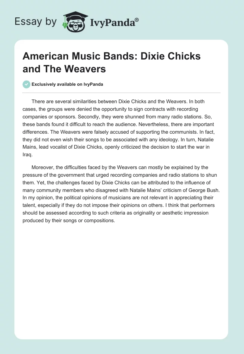 American Music Bands: Dixie Chicks and The Weavers. Page 1
