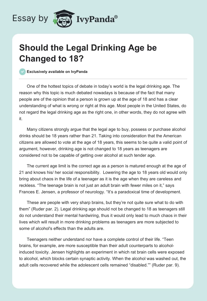 Should the Legal Drinking Age be Changed to 18?. Page 1