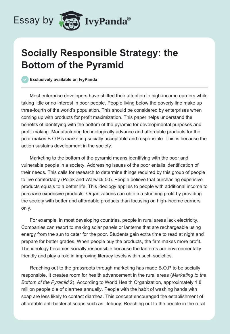 Socially Responsible Strategy: the Bottom of the Pyramid. Page 1