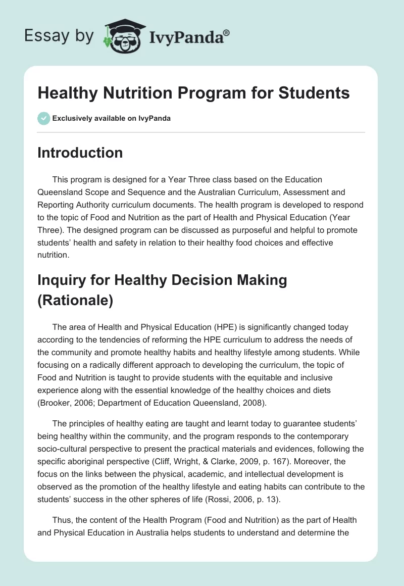 Healthy Nutrition Program for Students. Page 1