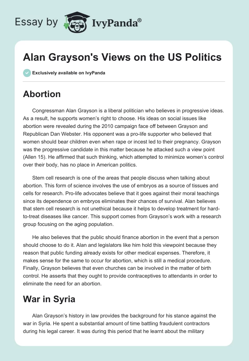 Alan Grayson's Views on the US Politics. Page 1