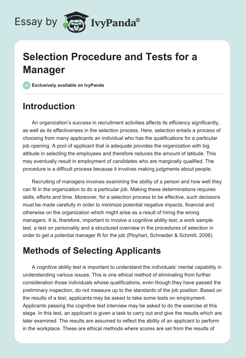 Selection Procedure and Tests for a Manager. Page 1
