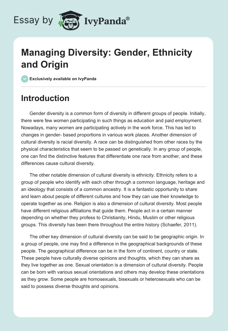 Managing Diversity: Gender, Ethnicity and Origin. Page 1
