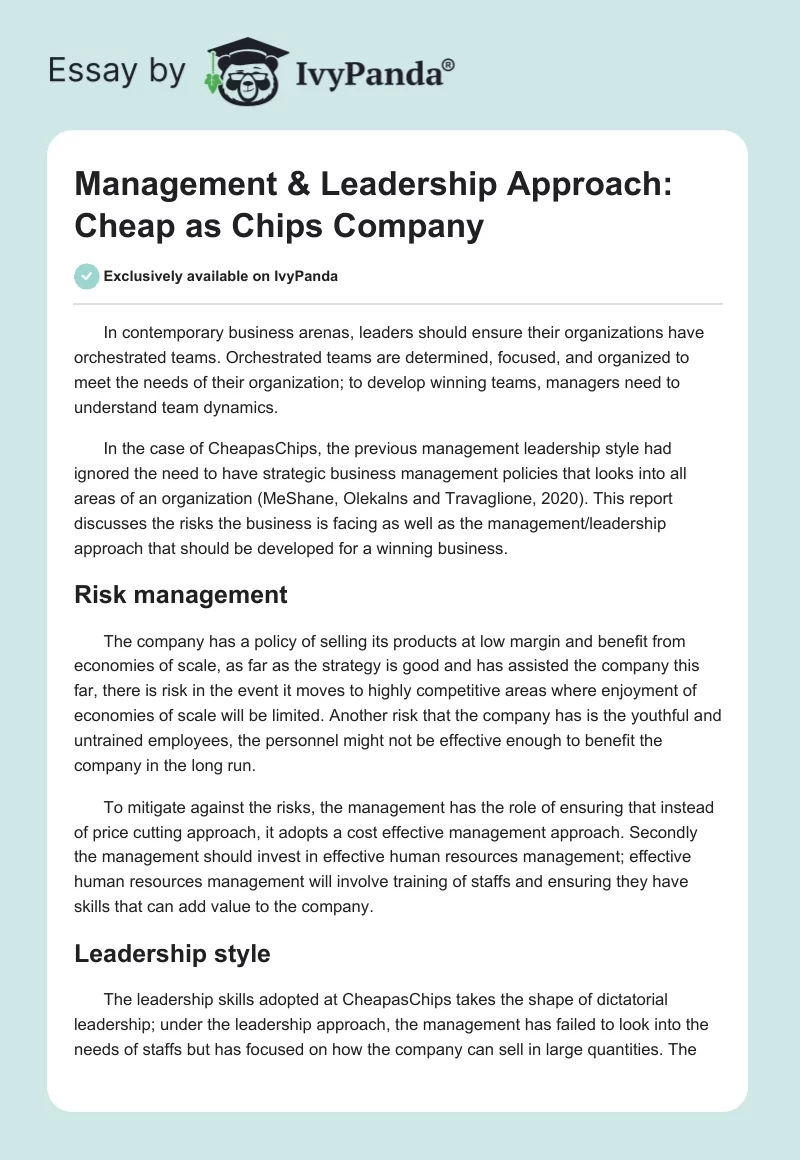 Management & Leadership Approach: Cheap as Chips Company. Page 1
