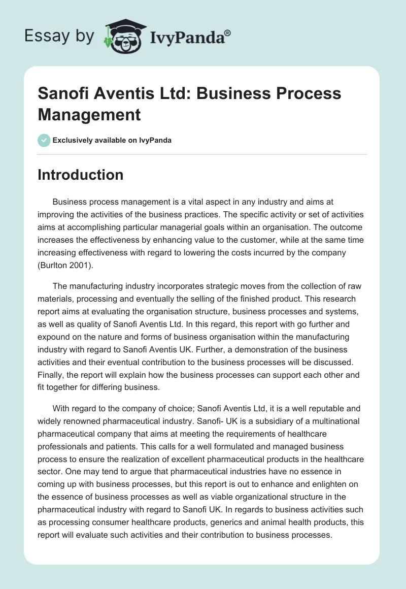 Sanofi Aventis Ltd: Business Process Management. Page 1