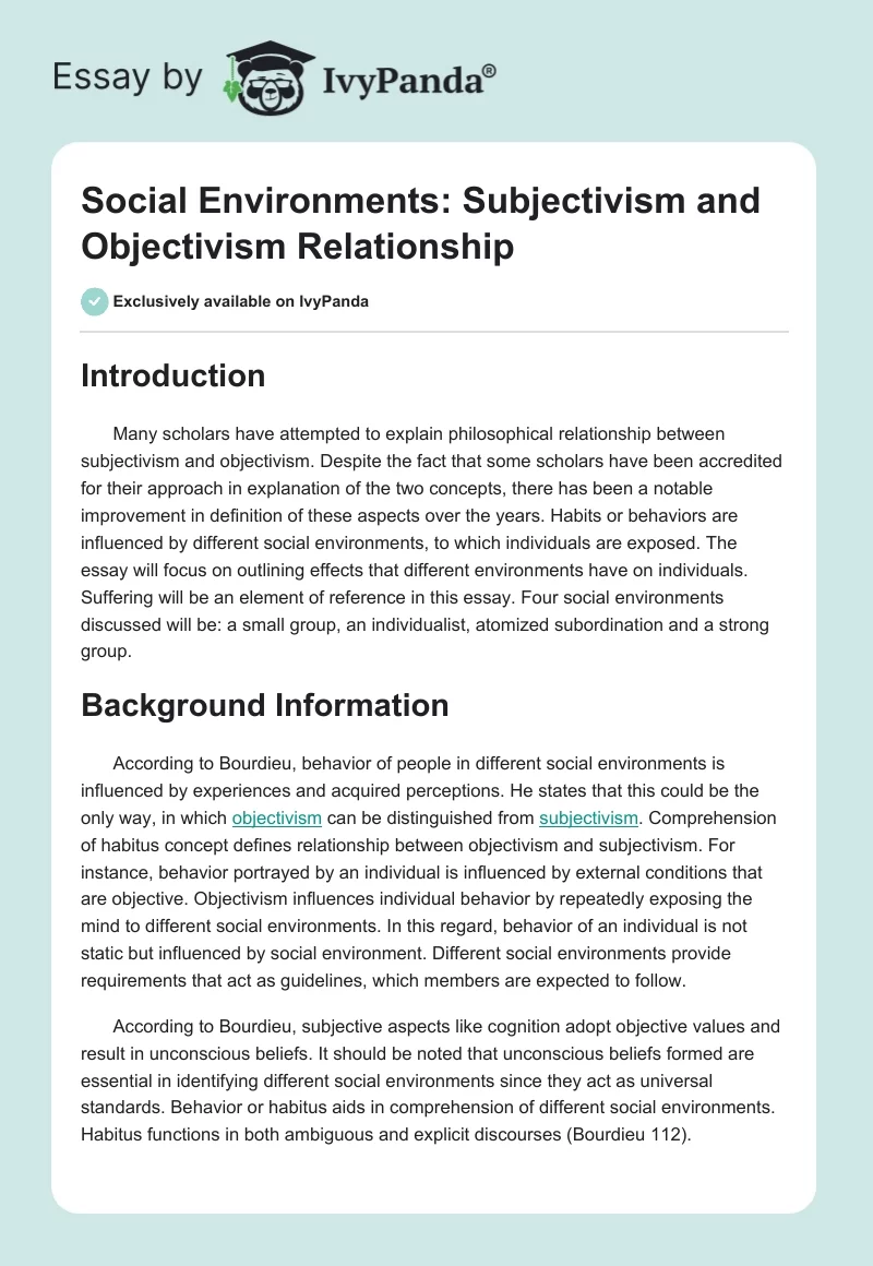 Social Environments: Subjectivism and Objectivism Relationship. Page 1