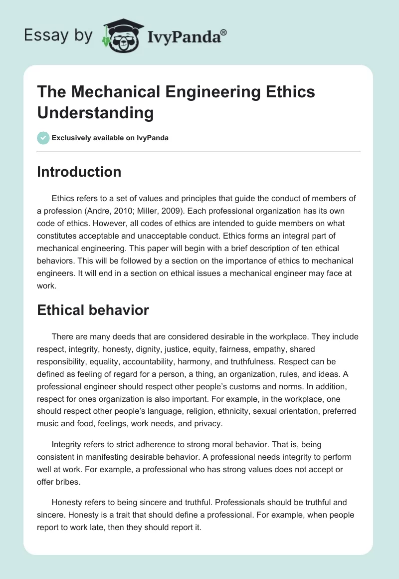 The Mechanical Engineering Ethics Understanding. Page 1