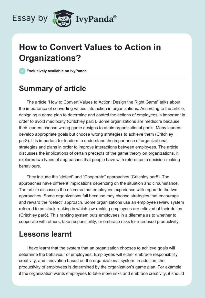 How to Convert Values to Action in Organizations?. Page 1