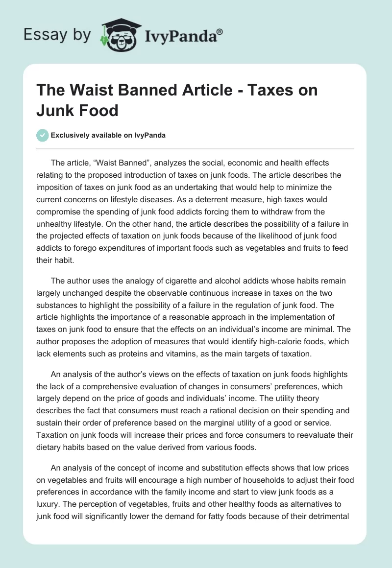 The "Waist Banned" Article - Taxes on Junk Food. Page 1