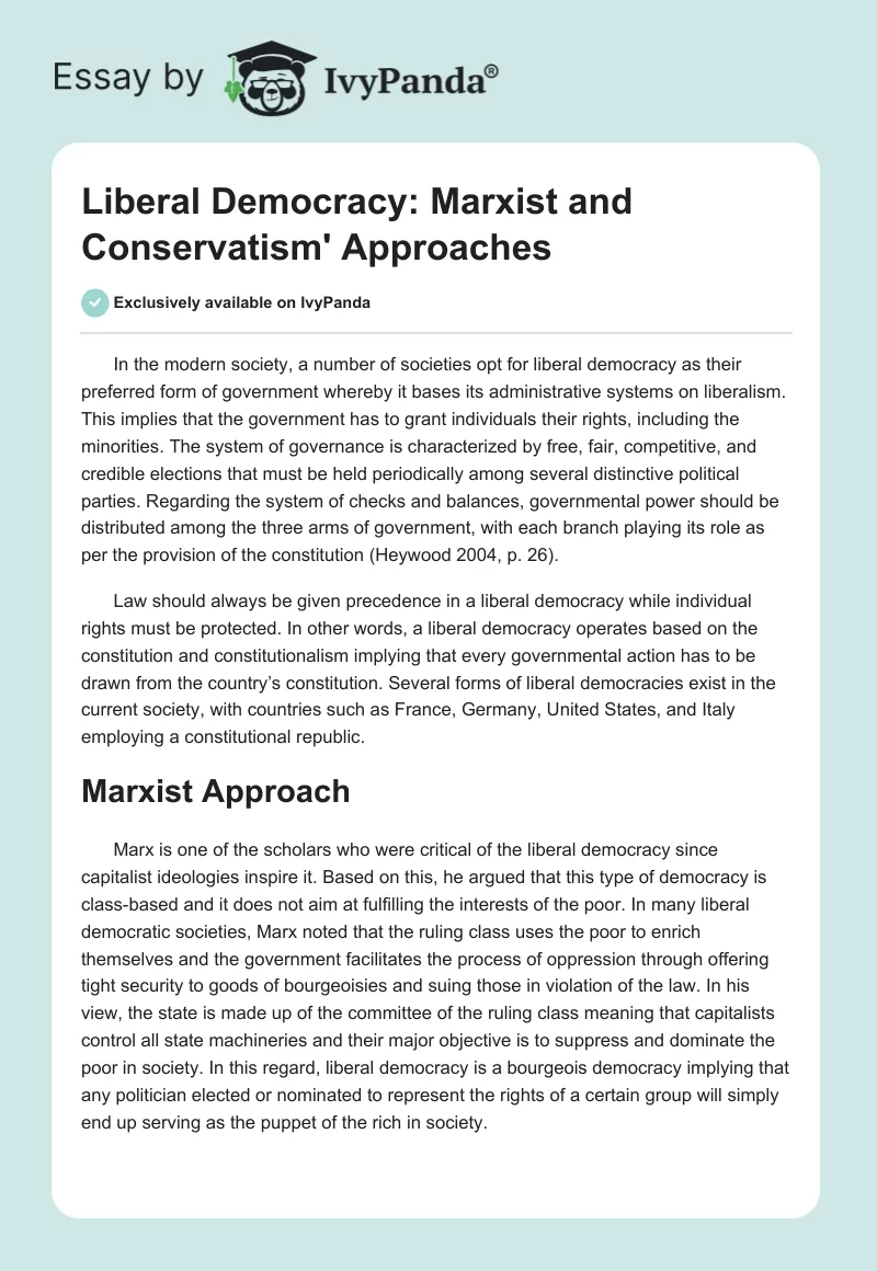 Liberal Democracy: Marxist and Conservatism' Approaches. Page 1