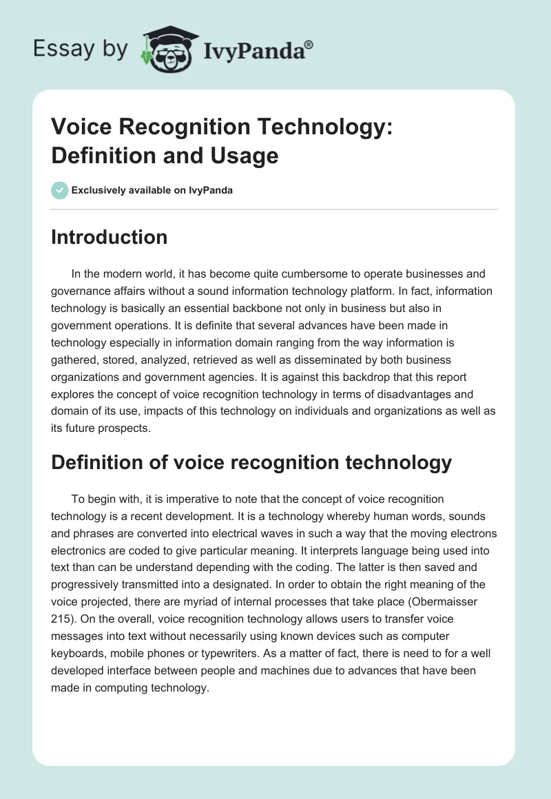 Voice Recognition Technology: Definition and Usage. Page 1