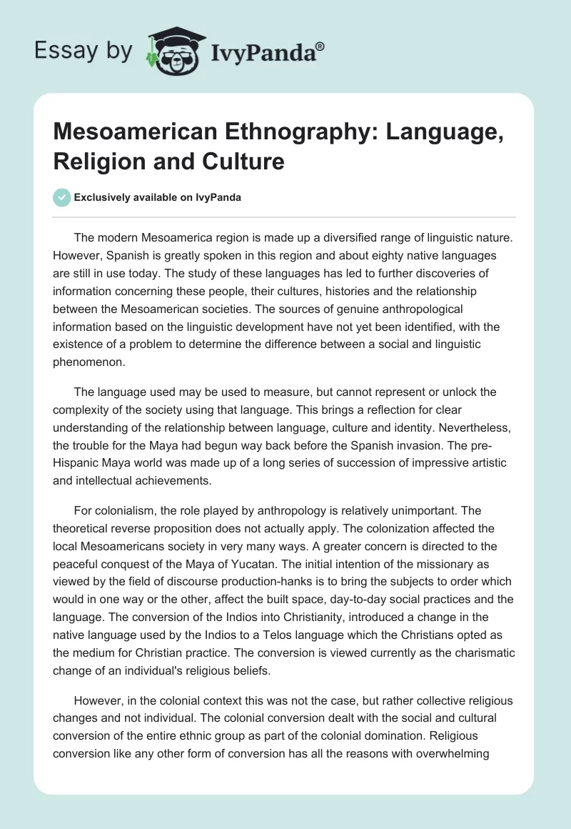 Mesoamerican Ethnography: Language, Religion and Culture. Page 1