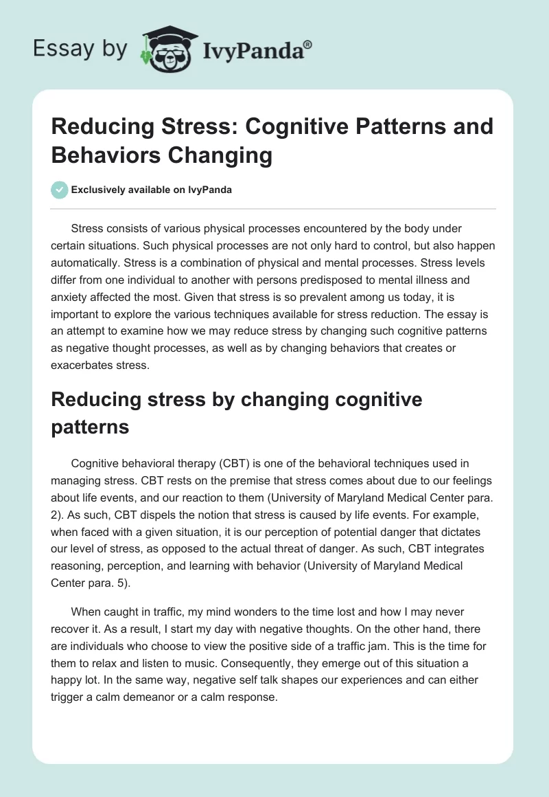 Reducing Stress: Cognitive Patterns and Behaviors Changing. Page 1