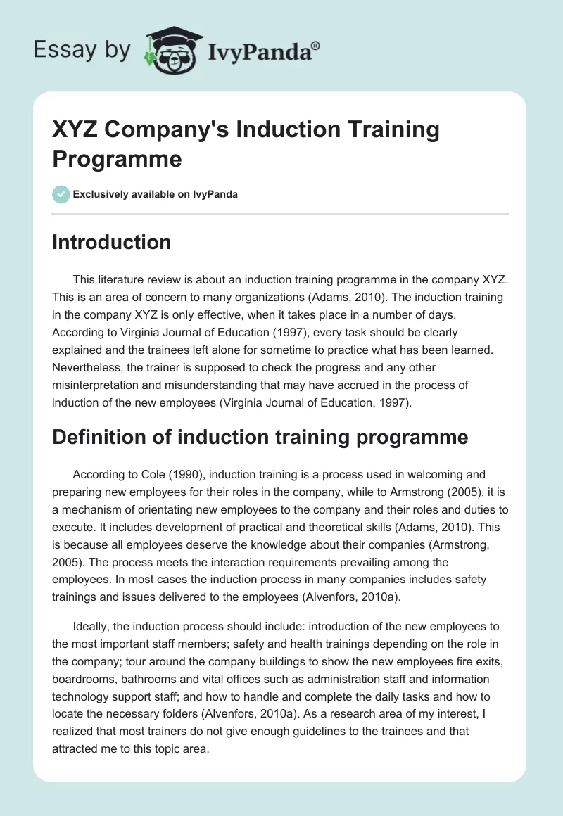 XYZ Company's Induction Training Programme. Page 1
