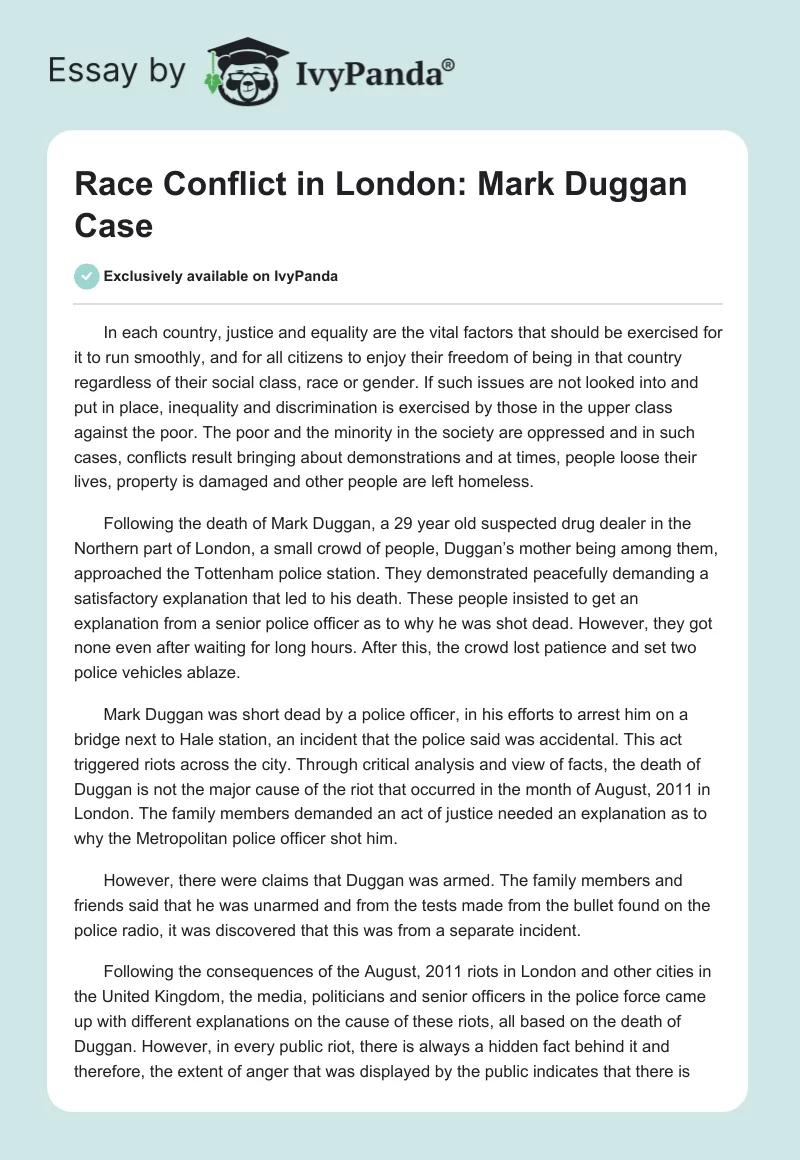 Race Conflict in London: Mark Duggan Case. Page 1