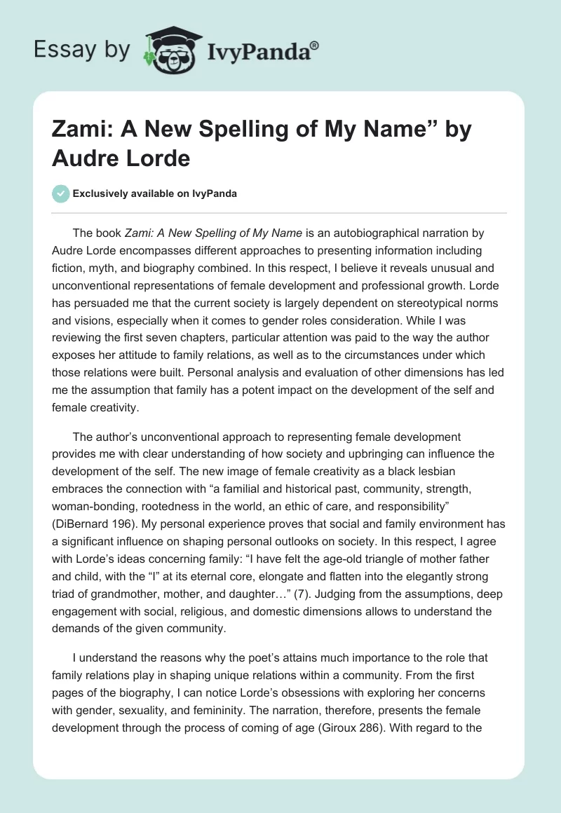 "Zami: A New Spelling of My Name” by Audre Lorde. Page 1