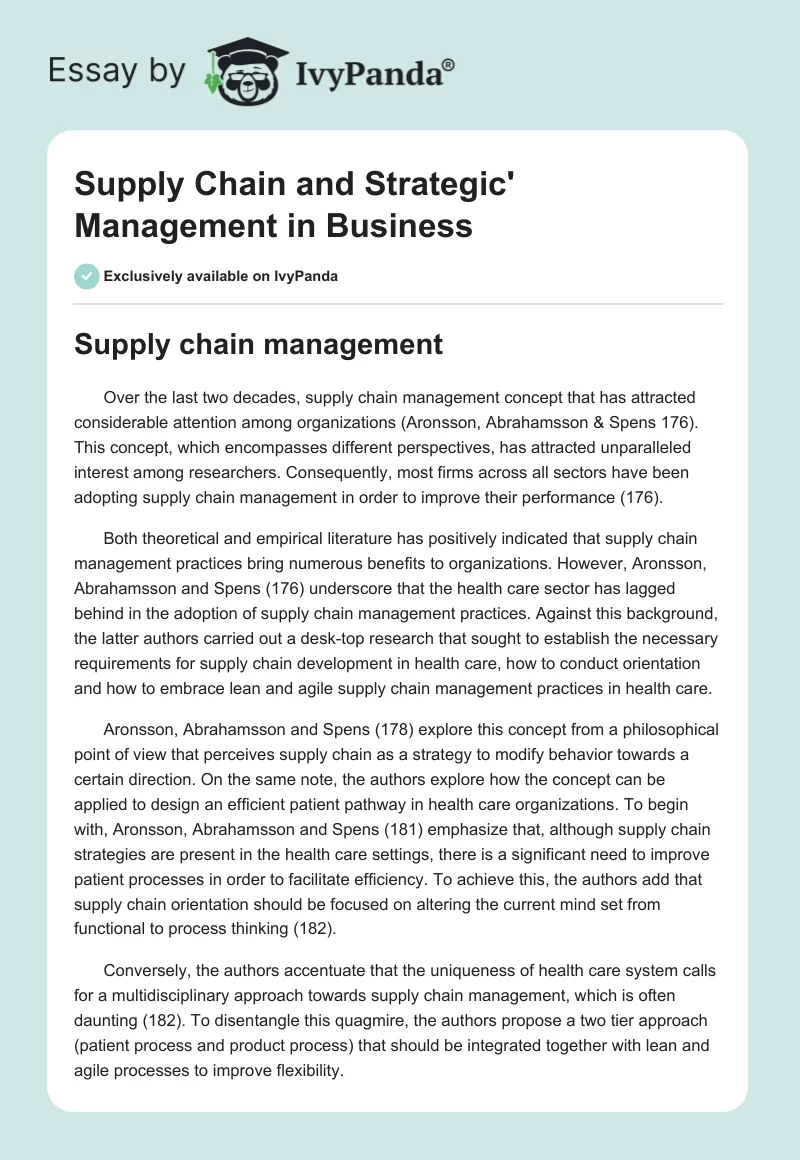 Supply Chain and Strategic' Management in Business. Page 1