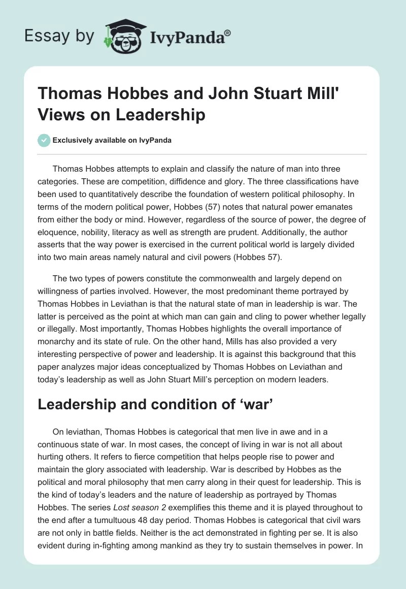 Thomas Hobbes and John Stuart Mill' Views on Leadership. Page 1
